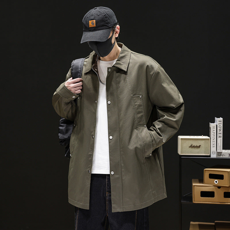 Men's Loose-Fit Retro Trench Coat with Wrinkle-Resistant Finish - Military Green