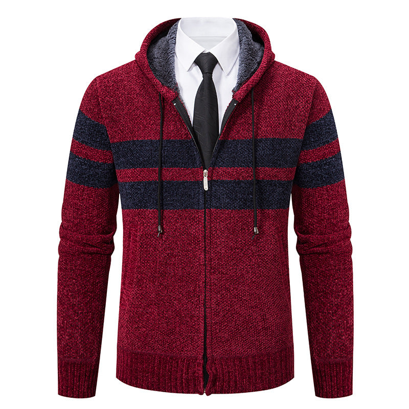 Men's Sherpa-Lined Hooded Zip Sweater with Sporty Stripes