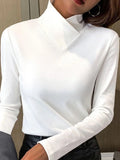 Women's Slim Cotton-Blend Sweater with Layered Crossover Neck - White