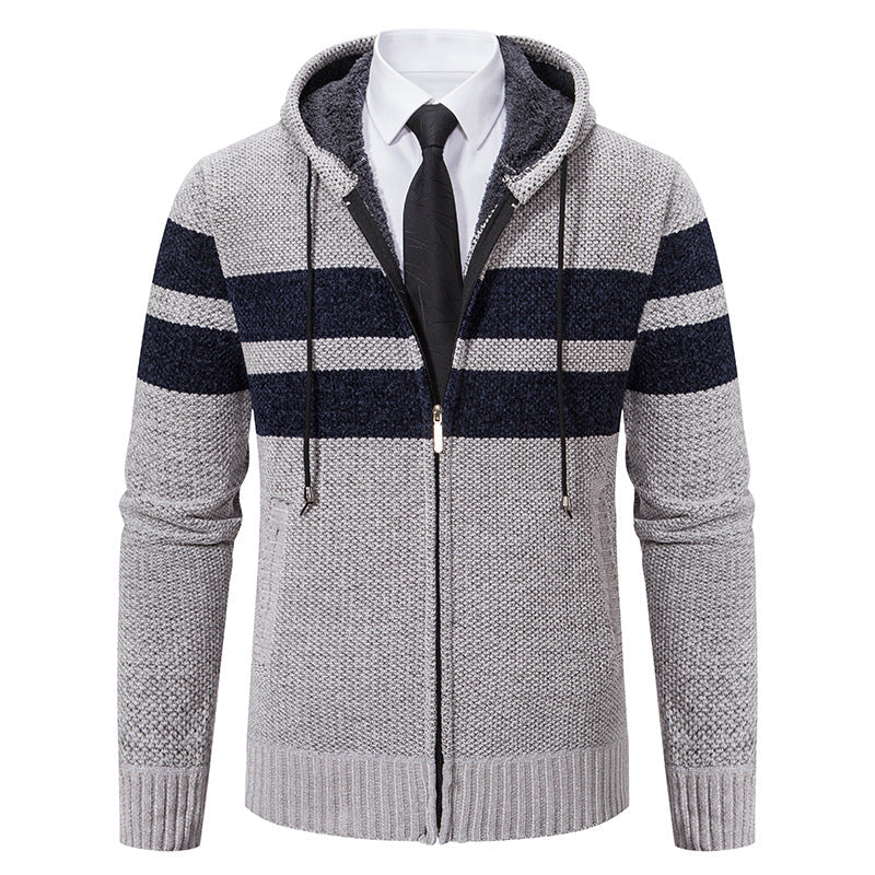 Men's Sherpa-Lined Hooded Zip Sweater with Sporty Stripes