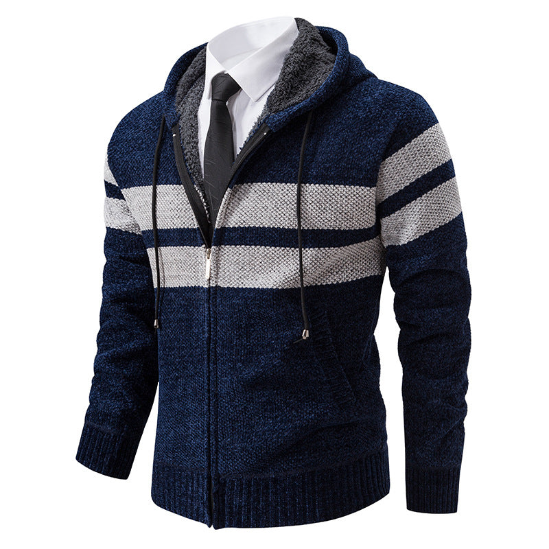 Men's Sherpa-Lined Hooded Zip Sweater with Sporty Stripes