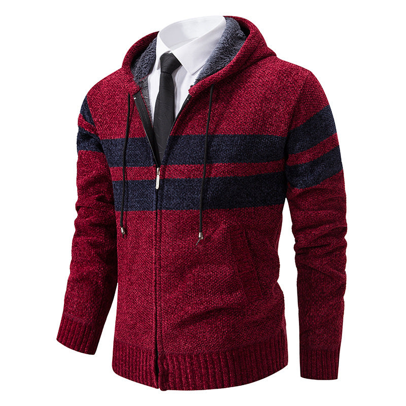 Men's Sherpa-Lined Hooded Zip Sweater with Sporty Stripes