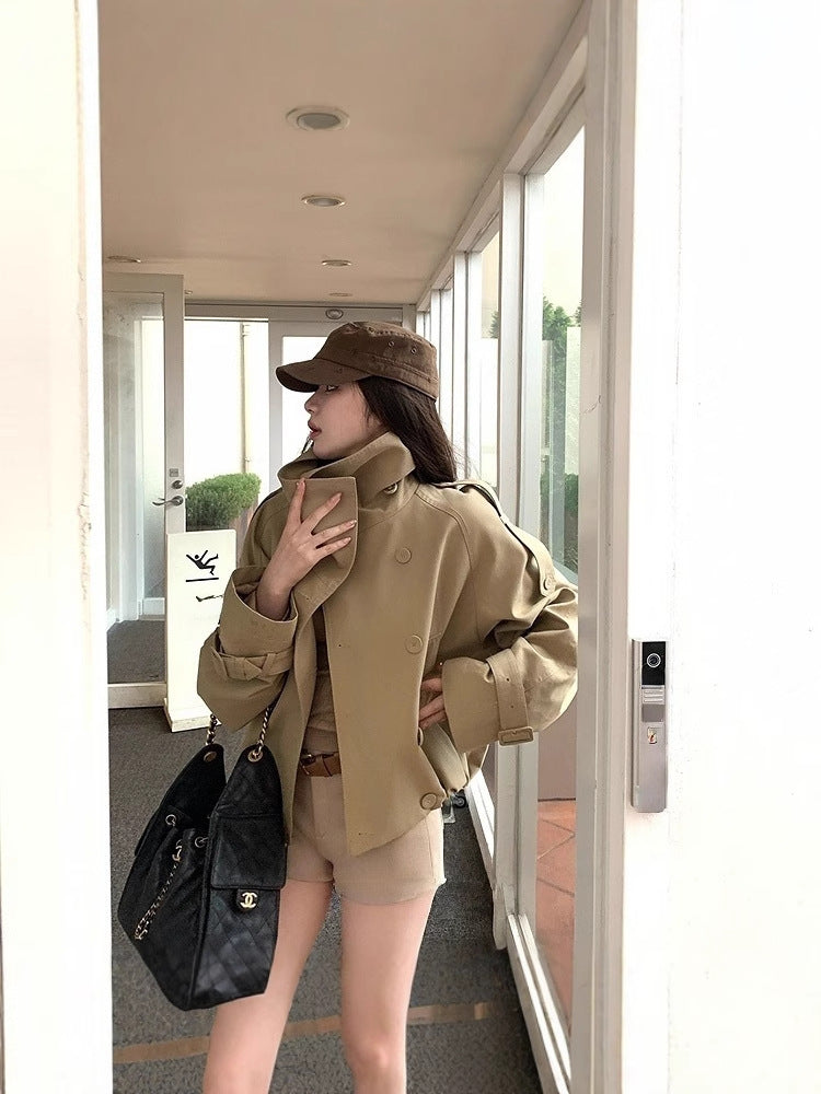 Women's Flared-Sleeve Short Trench Coat with Stand Collar