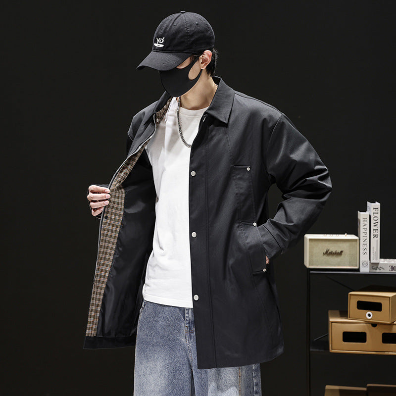 Men's Loose-Fit Retro Trench Coat with Wrinkle-Resistant Finish - Black