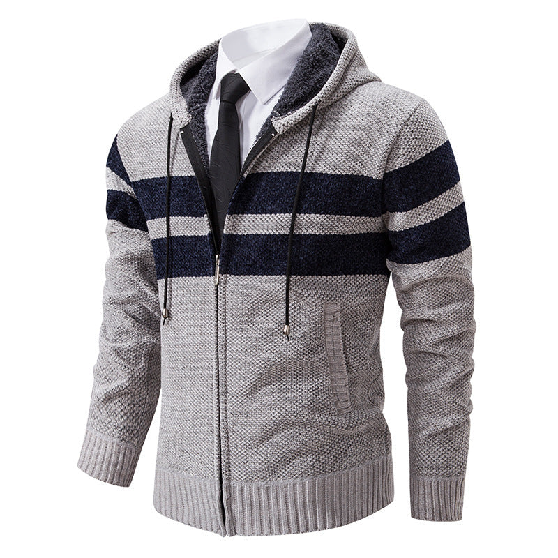 Men's Sherpa-Lined Hooded Zip Sweater with Sporty Stripes - Light Gray