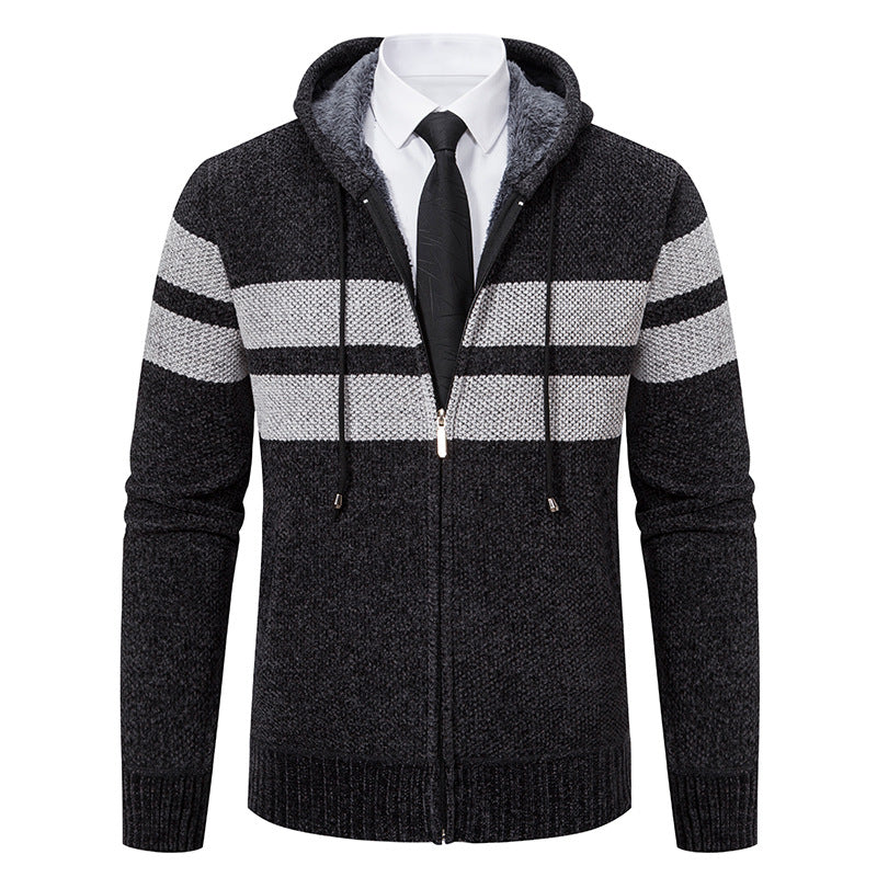 Men's Sherpa-Lined Hooded Zip Sweater with Sporty Stripes