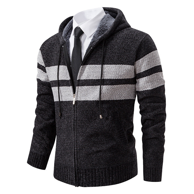 Men's Sherpa-Lined Hooded Zip Sweater with Sporty Stripes - Dark Gray