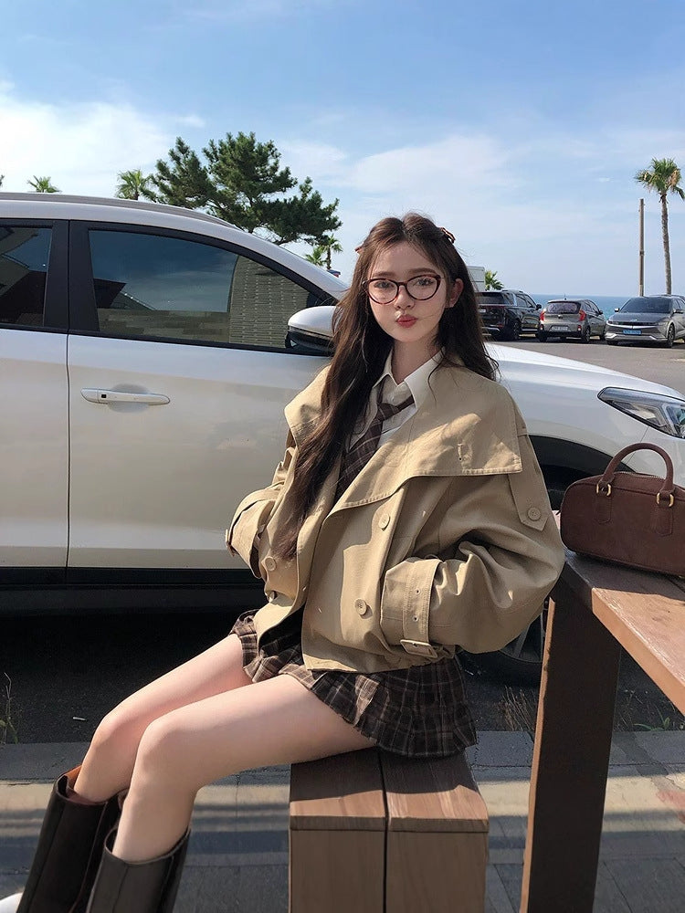 Women's Flared-Sleeve Short Trench Coat with Stand Collar