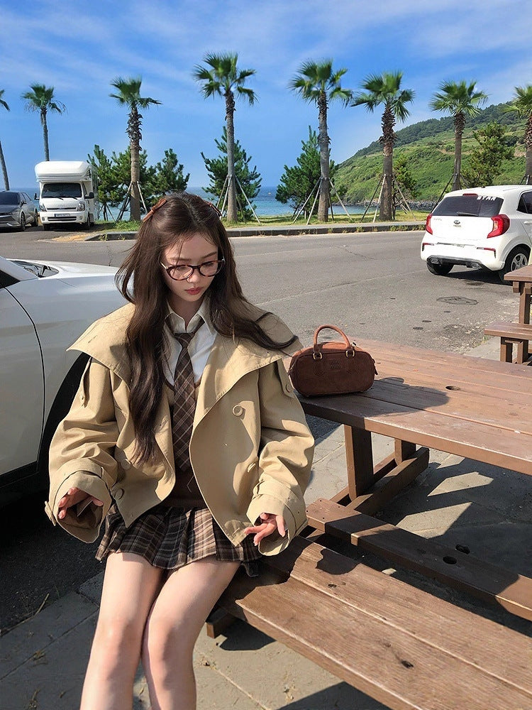 Women's Flared-Sleeve Short Trench Coat with Stand Collar