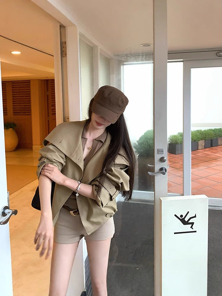 Women's Flared-Sleeve Short Trench Coat with Stand Collar
