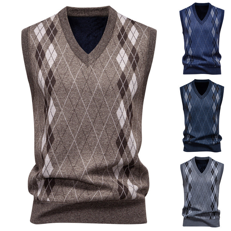 Men's Sleeveless Argyle Sweater Vest with V-Neck