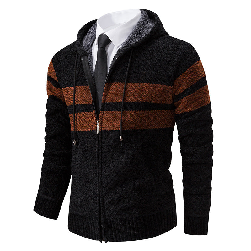 Men's Sherpa-Lined Hooded Zip Sweater with Sporty Stripes