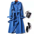 Women's Plaid Slim-Fit Trench with Lapels and Waist Belt - Blue