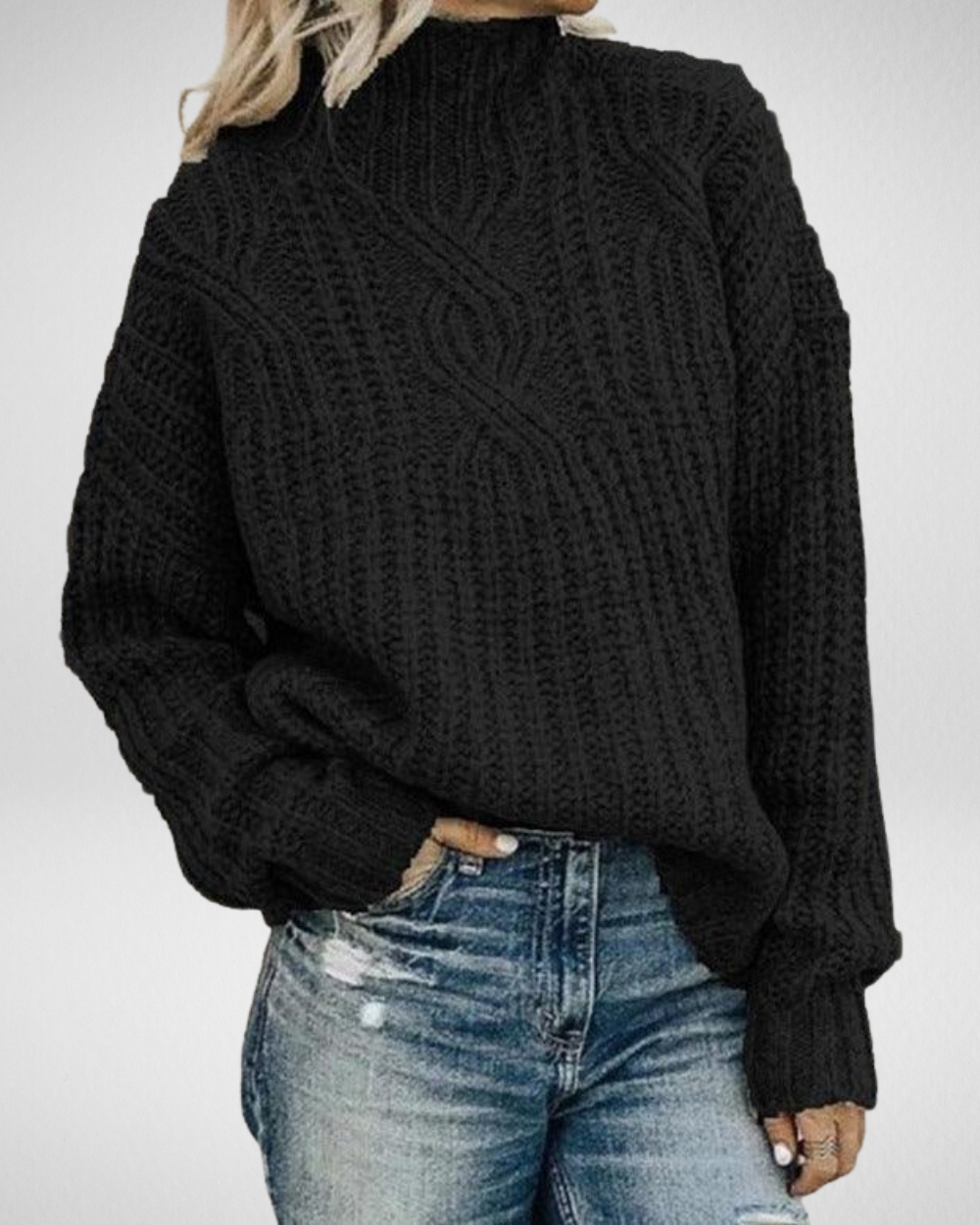 Women's Relaxed Chunky Cable-Knit Sweater with Ribbed High Neck - Black