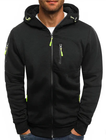 Men's Shape-Holding Cotton-Blend Zip Hoodie with Side Pockets - Black