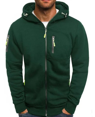 Men's Shape-Holding Cotton-Blend Zip Hoodie with Side Pockets - Green