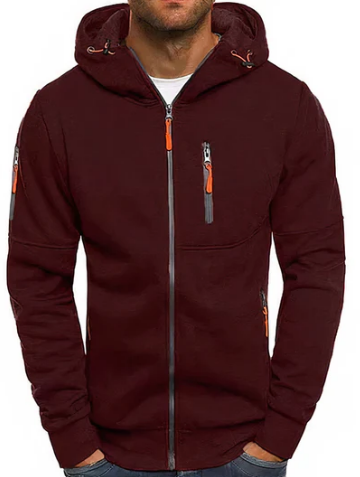 Men's Shape-Holding Cotton-Blend Zip Hoodie with Side Pockets - Red