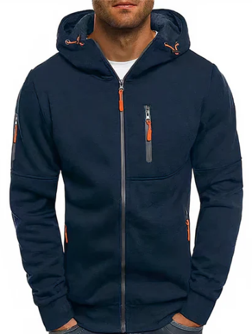 Men's Shape-Holding Cotton-Blend Zip Hoodie with Side Pockets - Navy
