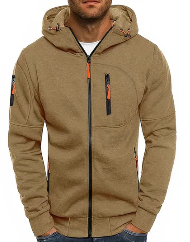 Men's Shape-Holding Cotton-Blend Zip Hoodie with Side Pockets - Brown