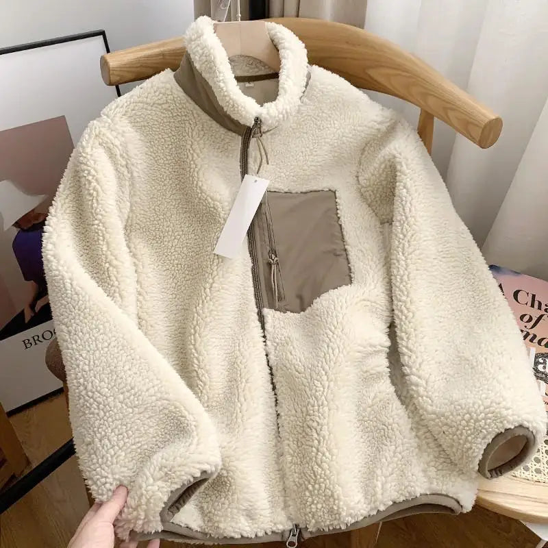 Women's Relaxed Teddy Fleece Jacket with High Collar and Zip Front - Beige