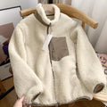 Women's Relaxed Teddy Fleece Jacket with High Collar and Zip Front - Beige