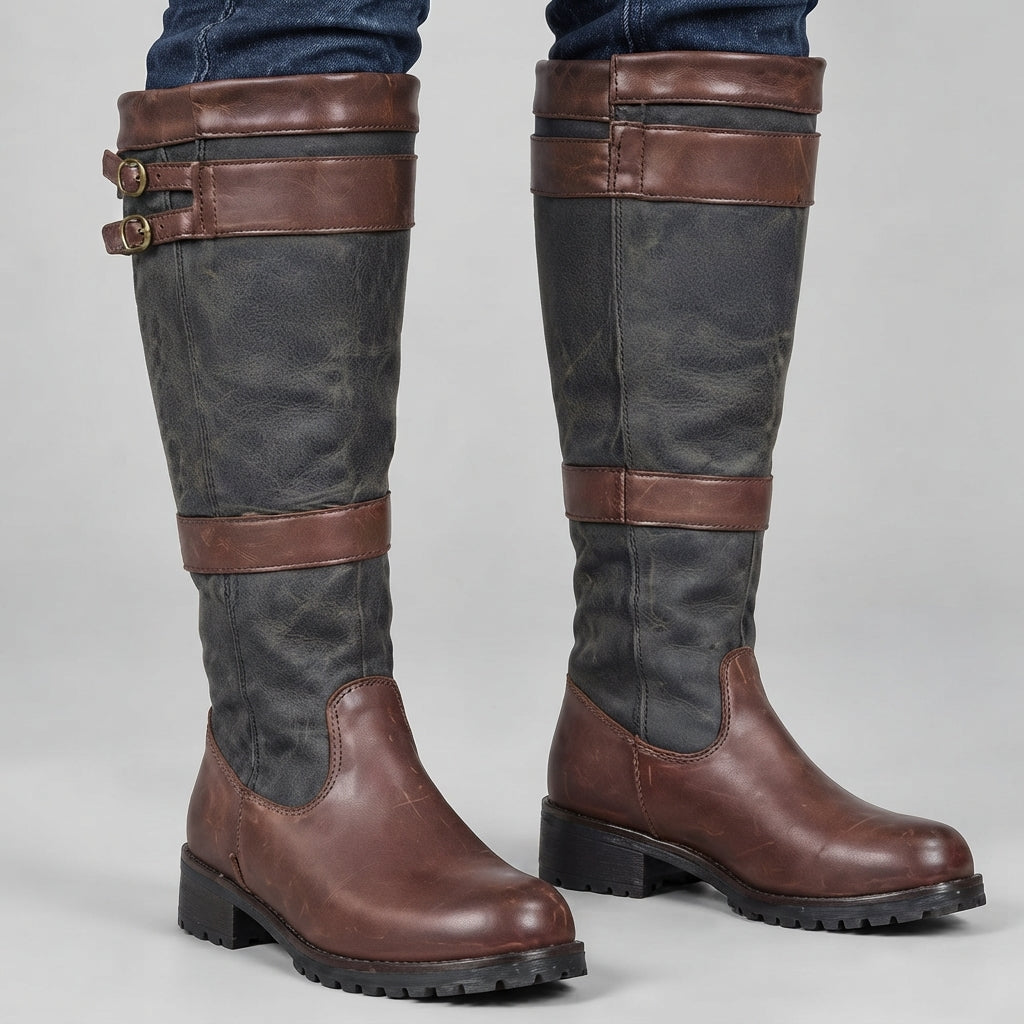 Women's Twin-Buckle Waterproof Country Boots with Cushioned Sole - Coffee
