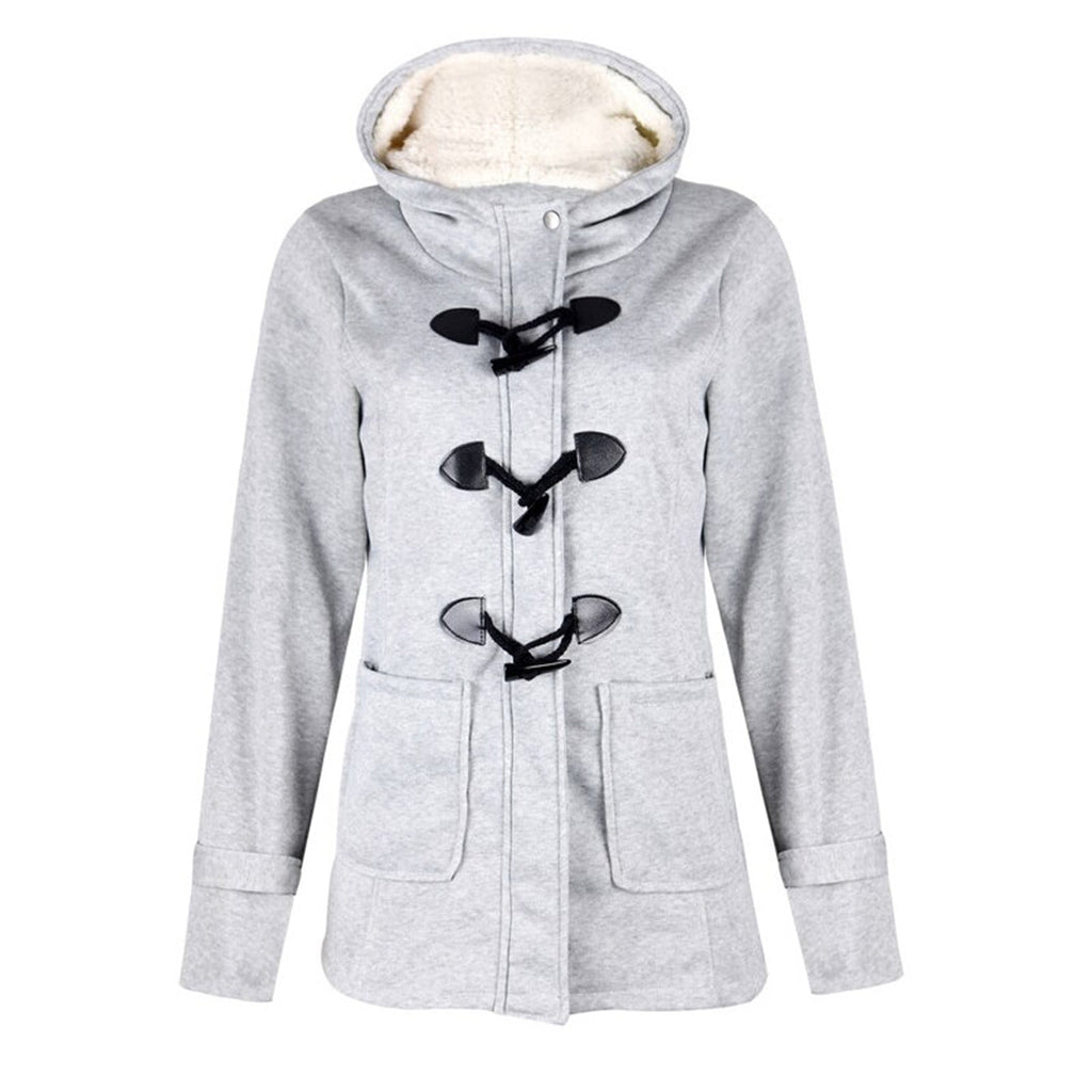 Women's Zip and Toggle Hooded Winter Jacket in a Longer Cut - Light Gray