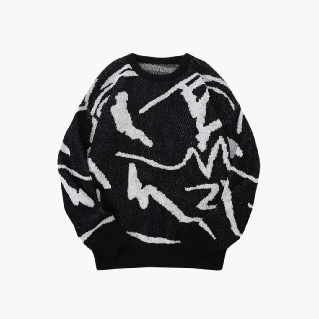 Men's Abstract Front Soft Knit Crew Sweater - Black