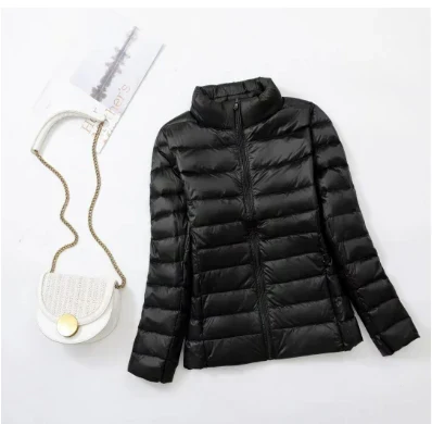 Women's Everyday Quilted Puffer Jacket with Stand Collar and Pockets - Black