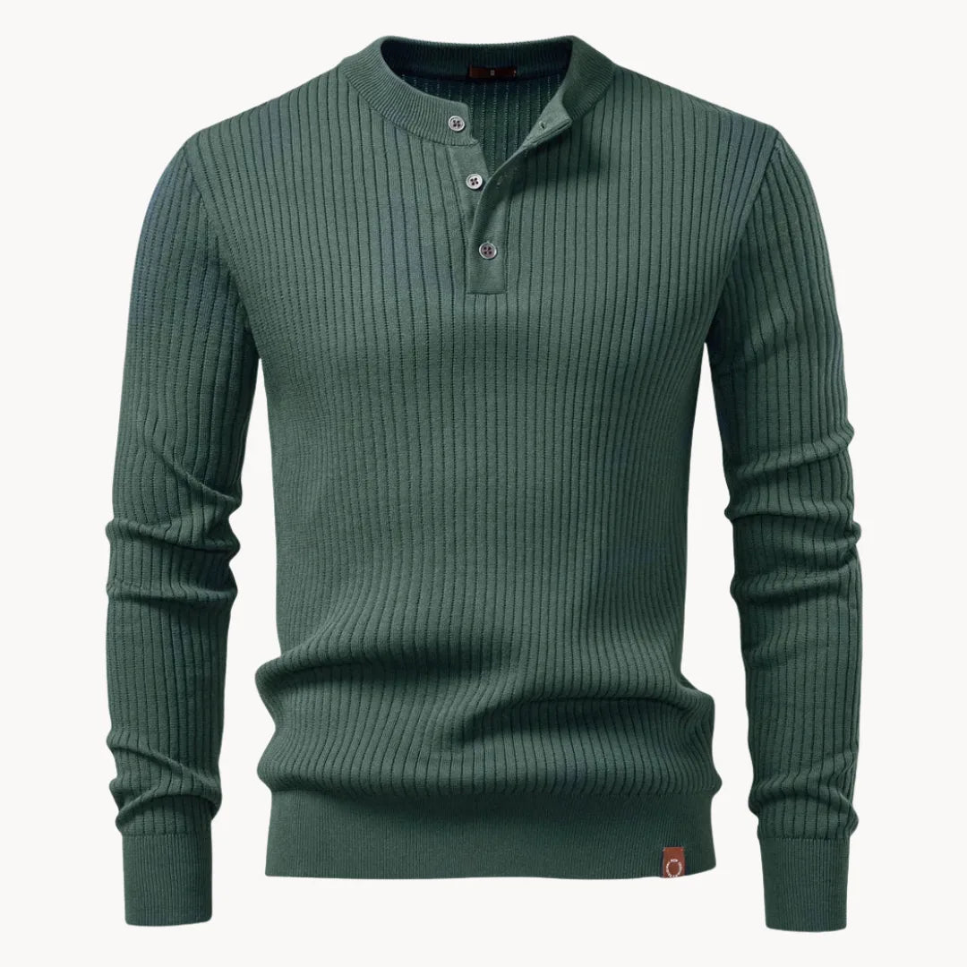Men's Streamlined Henley Knit Sweater with Ribbed Cuffs - Green