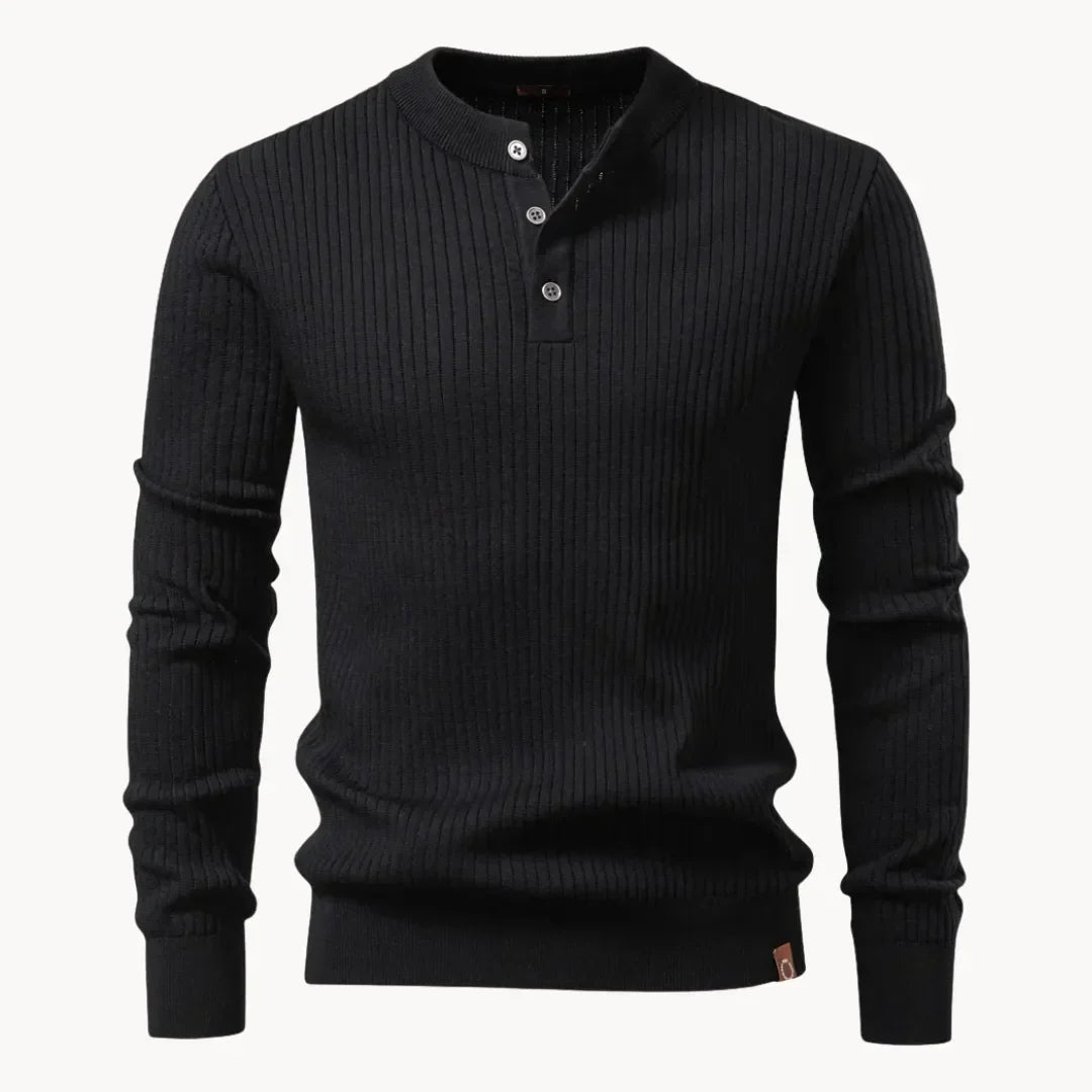Men's Streamlined Henley Knit Sweater with Ribbed Cuffs - Black