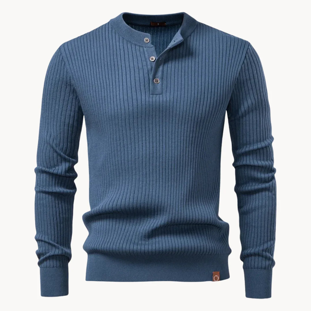 Men's Streamlined Henley Knit Sweater with Ribbed Cuffs - Blue