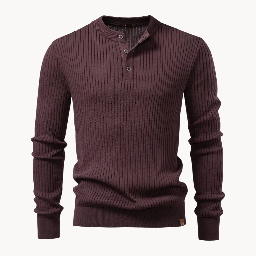 Men's Streamlined Henley Knit Sweater with Ribbed Cuffs - Dark Brown