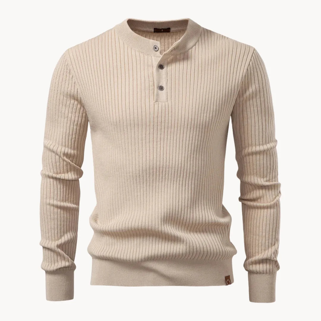 Men's Streamlined Henley Knit Sweater with Ribbed Cuffs - Beige