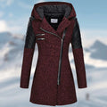 Women's Quilted-Shoulder Angled-Zip Hooded Longline Coat - Wine Red