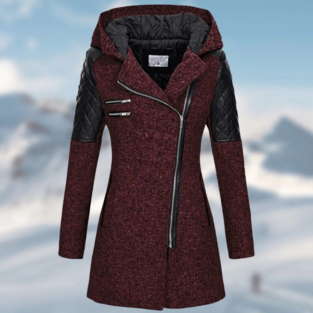 Women's Quilted-Shoulder Angled-Zip Hooded Longline Coat - Wine Red