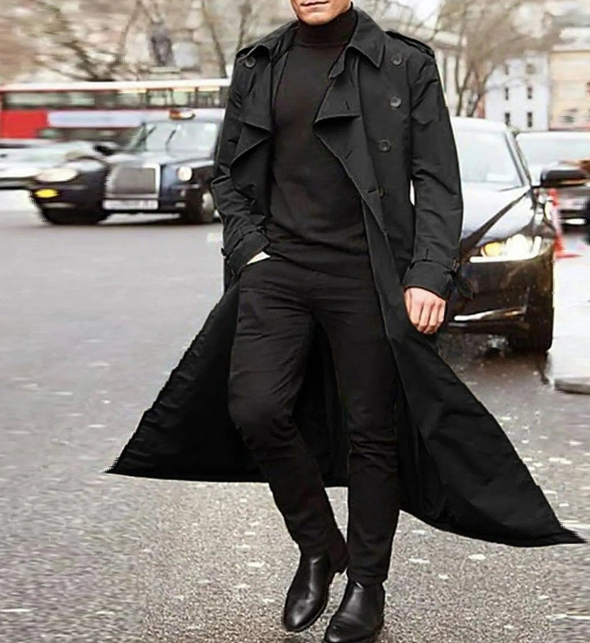 Men's Long Double-Breasted Trench Coat with Strap Cuffs and Epaulettes - Black