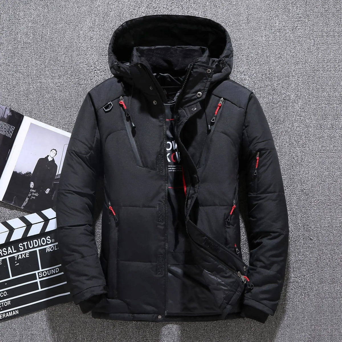 Men's Streamlined Hooded Puffer with Down Fill and Zip Pockets - Black