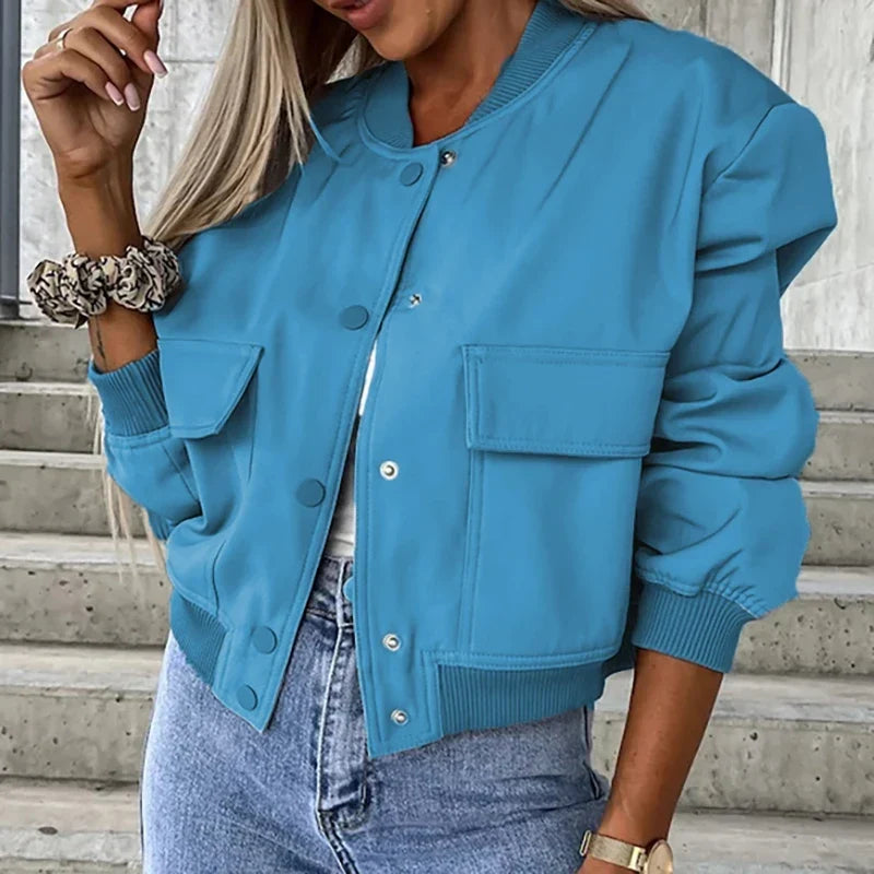 Women's Everyday Cropped Bomber with Rib Trims and Flap Pockets