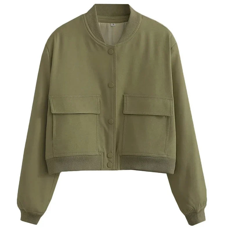 Women's Everyday Cropped Bomber with Rib Trims and Flap Pockets - Olive Green