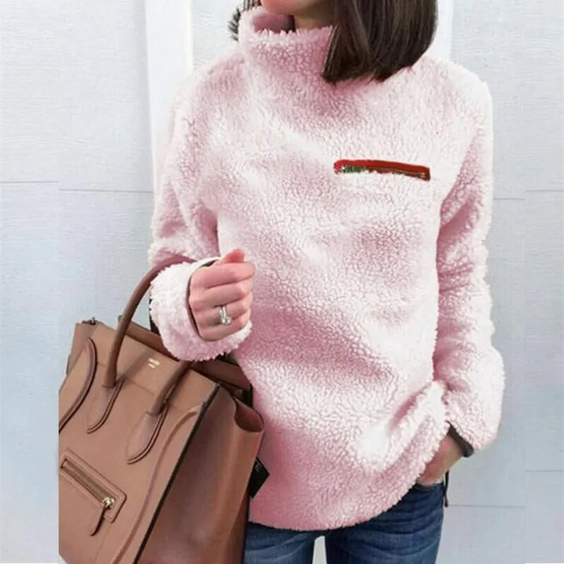 Women's Long-Sleeve Teddy Fleece Sweatshirt with Raised Neckline - Pink