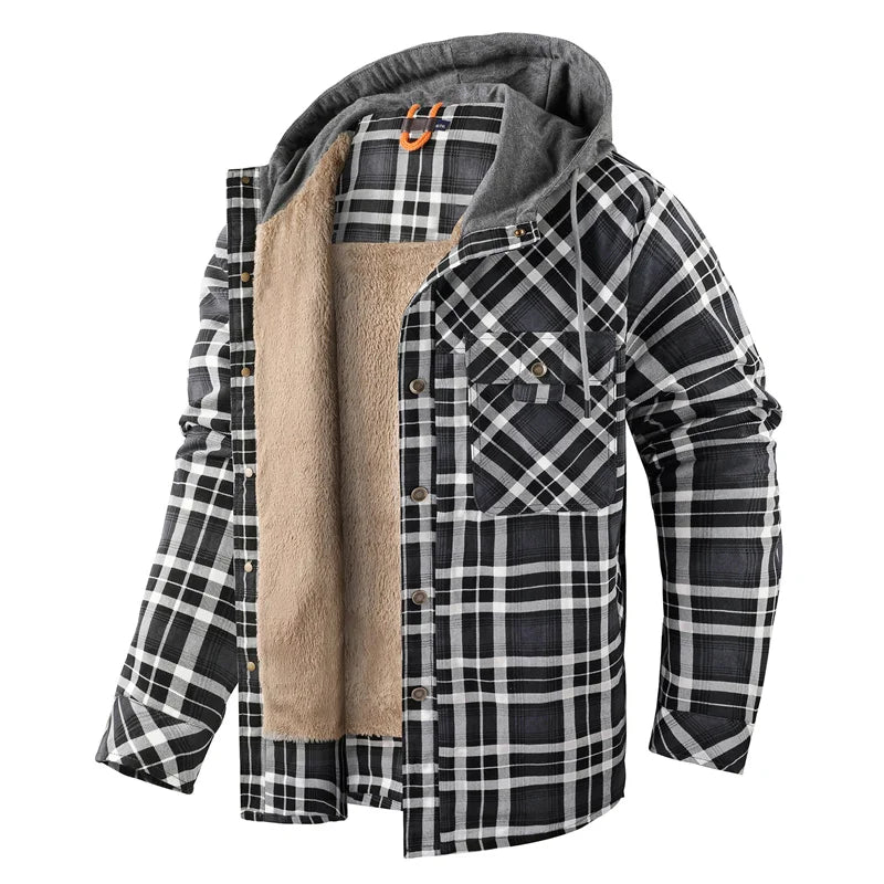 Men's Cozy Fleece-Lined Plaid Jacket with Attached Hood - Dark Gray