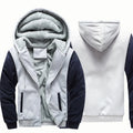 Men's Full-Zip Hooded Plush Fleece Jacket with Ribbed Trim - Light Gray/Navy