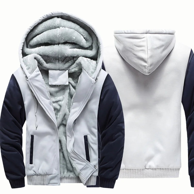 Men's Full-Zip Hooded Plush Fleece Jacket with Ribbed Trim - Light Gray/Navy