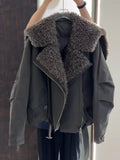 Women's Moto-Inspired Asymmetric-Zip Jacket with Faux-Fur Lapels - Dark Gray