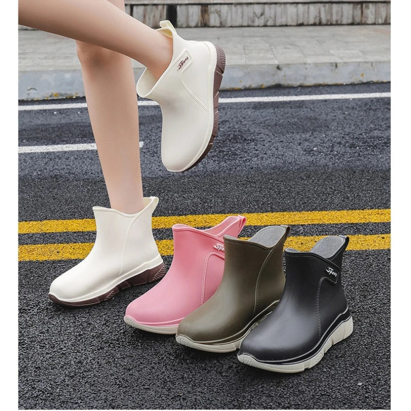 Women's Slip-Resistant Rubber Rain Boots with Mid-Calf Shaft