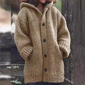 Women's Large-Button Chunky Hooded Cardigan with Deep Pockets - Khaki