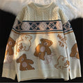 Women's Cable-Yoke Crew Neck Sweater with Teddy Bear Print - Cream