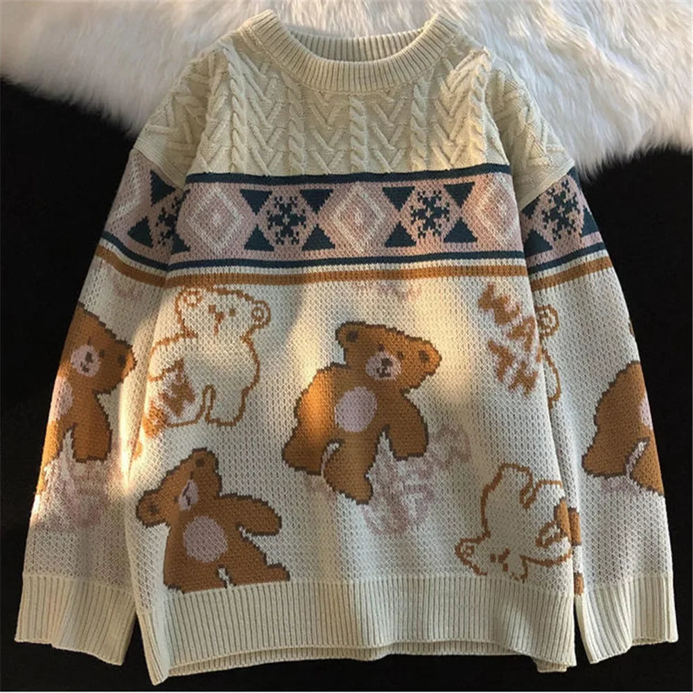 Women's Cable-Yoke Crew Neck Sweater with Teddy Bear Print - Cream