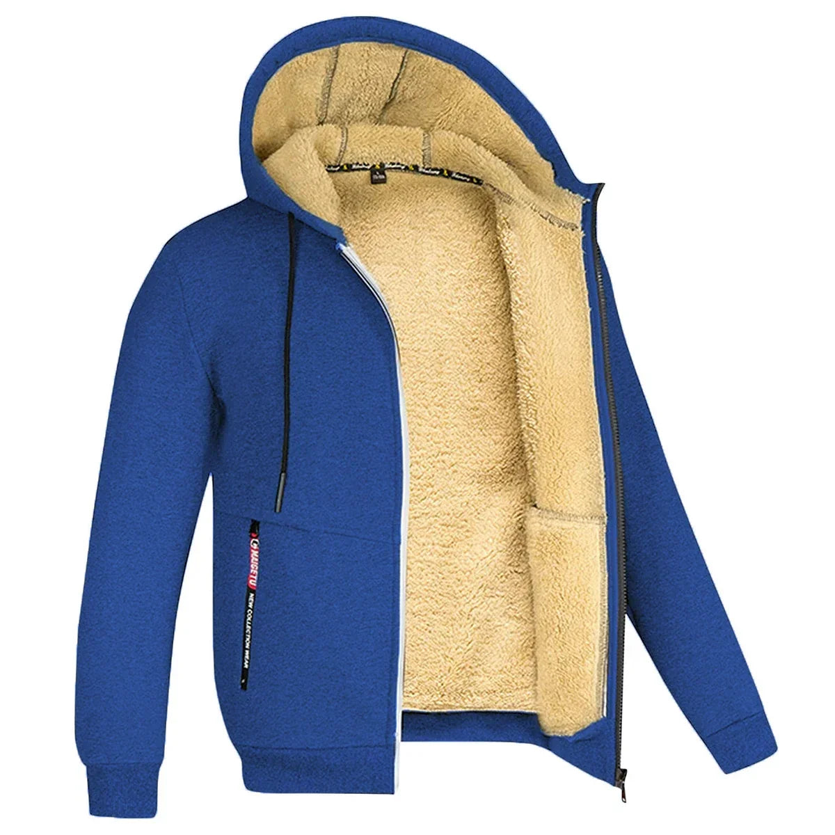 Men's Full-Zip Hooded Plush Fleece Jacket with Ribbed Trim - Blue